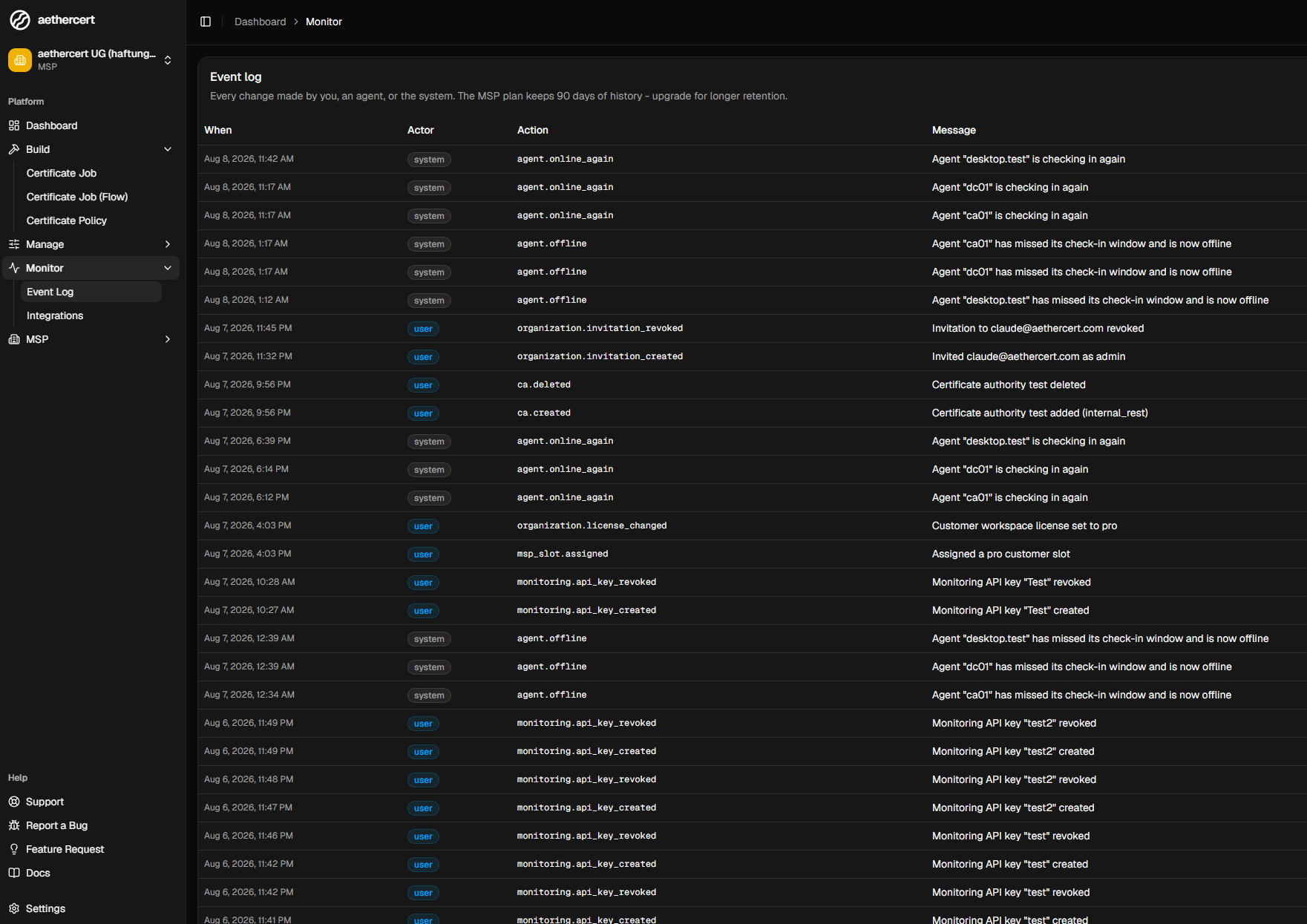 The event log listing timestamped entries with the actor, the action and a message - certificates created, jobs succeeded, agents reporting the certificates they found installed.